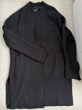 LINE Black Wool Coat 95% Wool Open Front Minimalist Longline Jacket, Large